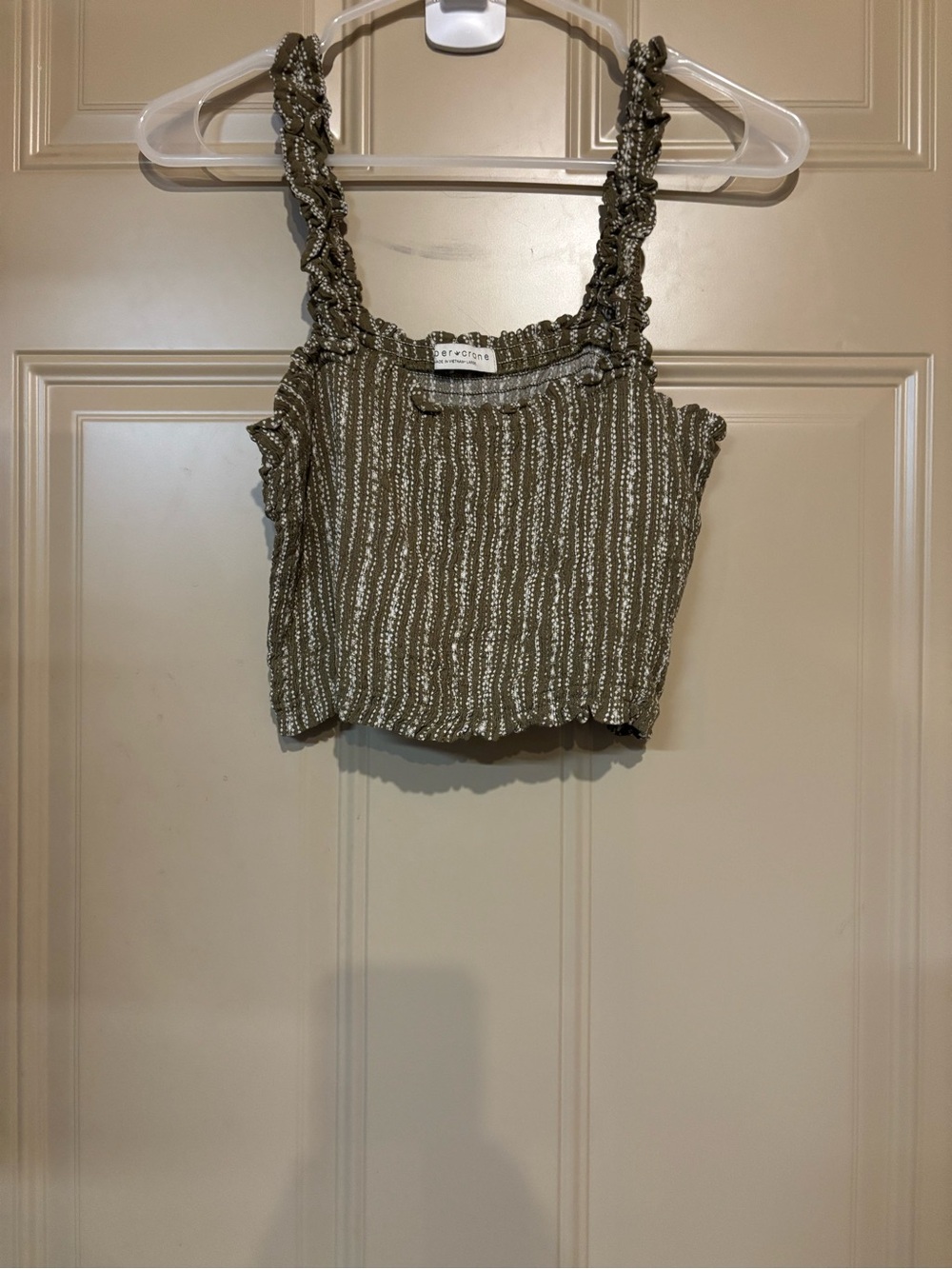 Paper Crane Olive Smocked Stripe Crop Tank Top b209